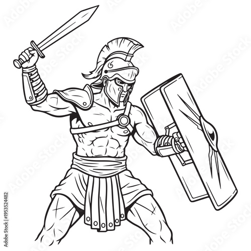 Powerful Ancient Spartan Warrior Charging into Battle with Raised Sword and Heavy Shield, Black and White Vector Line Art Illustration Isolated on White, Dynamic Action Pose and Heroic Strength