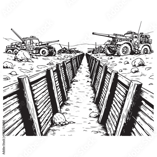 Military armored vehicles and deep defensive trench positioned across a desolate rocky battlefield in a high-contrast black and white woodcut illustration style, evoking historical conflict.