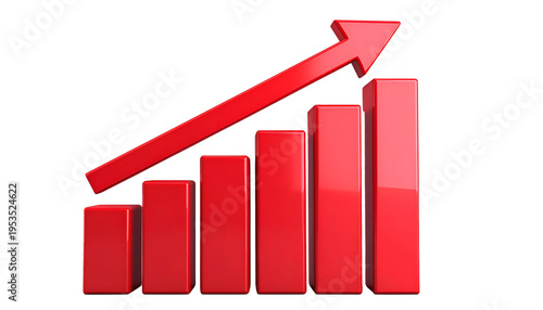 Red bar graph indicating upward growth with arrow over black background