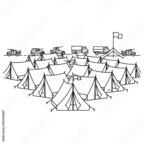 Military base camp with rows of tactical tents and armored vehicles standing ready for field operations, minimalist hand-drawn line art illustration on white background.