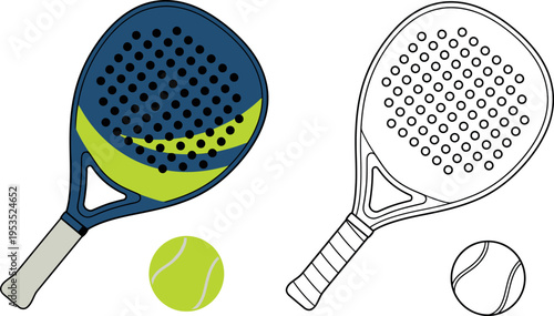 Padel Rackets and Balls Vector Illustration in Color and Line Art Style