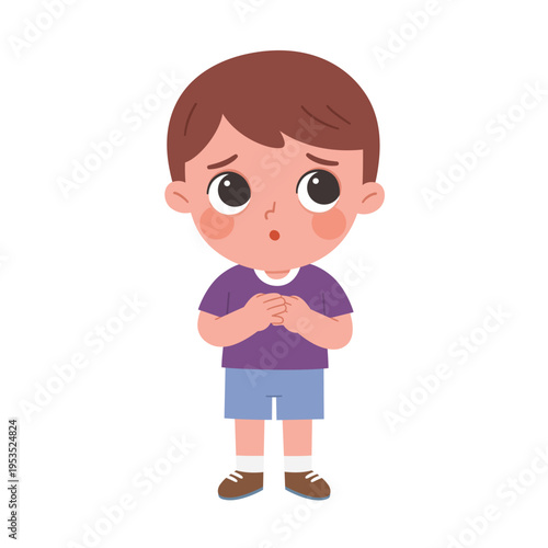 Worried and anxious little boy cartoon character looking uncertain isolated on white background.