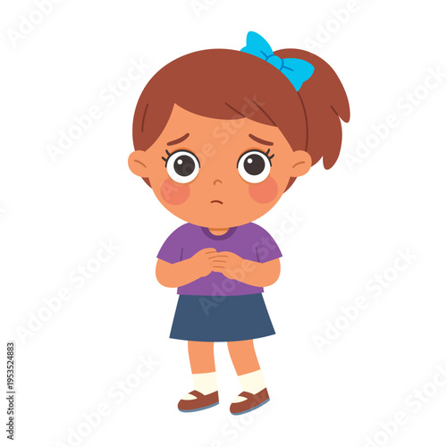 Sad and worried little girl cartoon illustration feeling anxious or lonely isolated on white background.