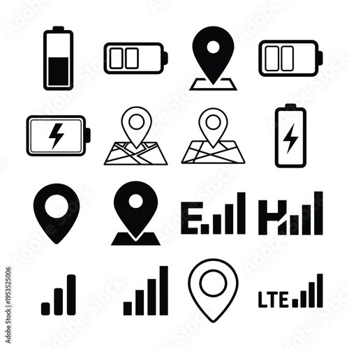 A collection of black and white icons representing battery levels location pins and signal strength