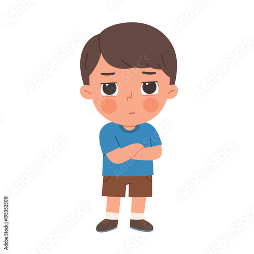 Grumpy little boy with folded arms looking displeased cartoon illustration isolated on white background.