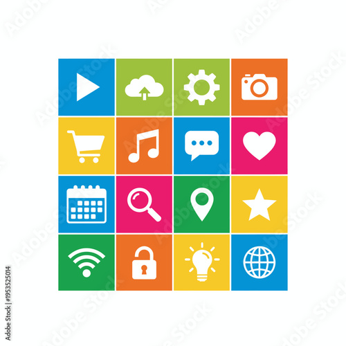 Diverse collection of common user interface icons in a vibrant grid pattern, illustrating essential functions for modern digital applications and web design projects