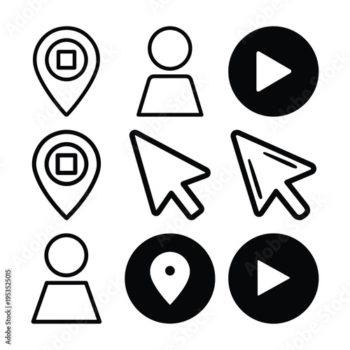 Simple black and white icons representing location people play and cursor options high quality professional detailed