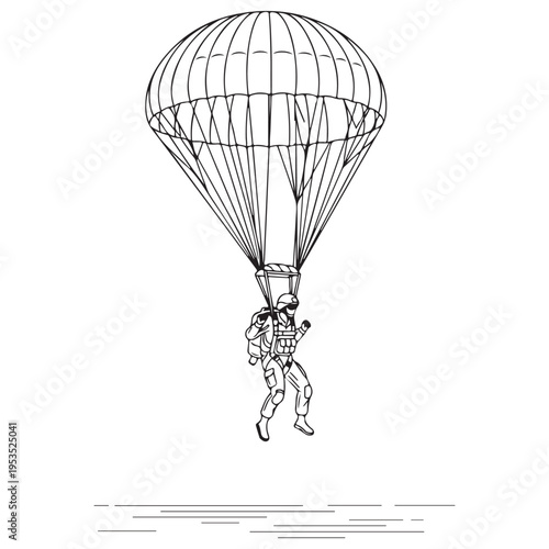 Military paratrooper in full tactical gear descending with a round parachute during an airborne mission, minimalist black and white line art illustration on a white background.