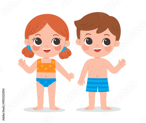 Cute young boy and girl in swimwear waving hands happily cartoon illustration isolated on white background.