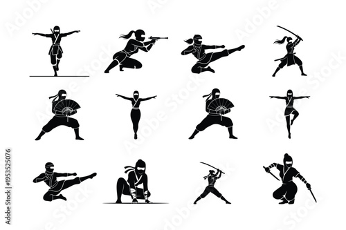 Silhouette collection depicting various dynamic poses of ninja warriors in action high quality professional detailed modern