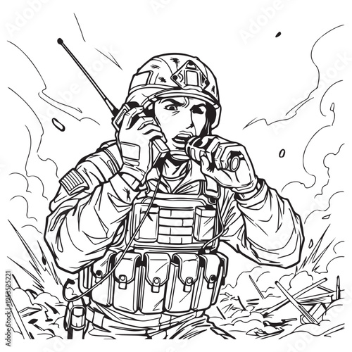 Intense Comic Book Style Illustration of a Brave Female Soldier Shouting into a Radio Transmitter While Holding a Grenade Amidst a Chaotic Battlefield with Smoke and Explosions.