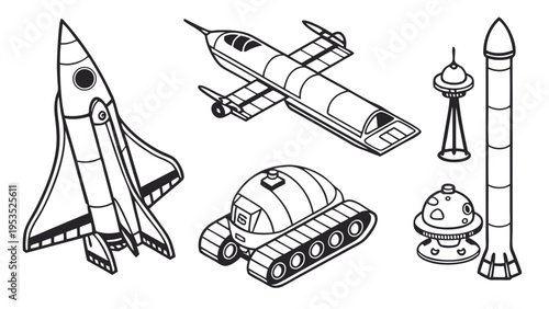 Retro Sci Fi Space Vehicles and Rocket Launchpad Icons for Kids Education Game Design Illustration