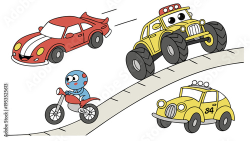 Cartoon Vehicles Racing Uphill on Winding Road for Kids Game App Promotion Fun Speed Competition