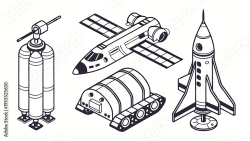 Isometric Space Exploration Vehicles Rocket Shuttle Rover Set for Sci Fi Game Design and Futuristic Web Graphics