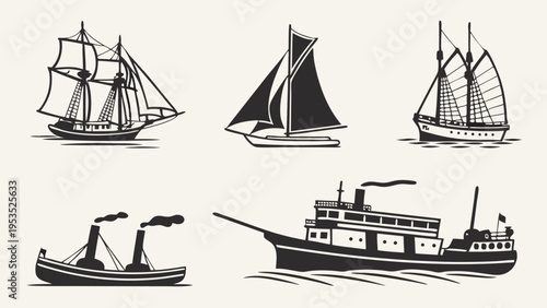 Vintage Nautical Transportation Icons Set Sailing Ships Steamboats for Maritime History Web Design or Travel Brochures