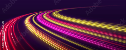Vibrant rainbow speed lines with smooth curves, glowing light and dynamic flow vector