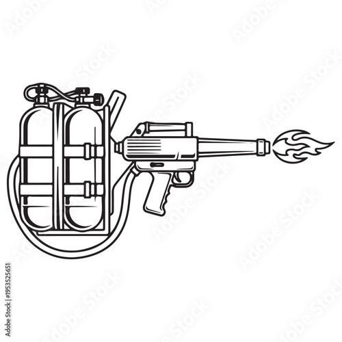 Vintage Military Flamethrower Illustration Featuring Dual Fuel Tanks and Nozzle Shooting a Burst of Fire, Bold Black and White Line Art Vector Isolated on White Background for Tactical Design