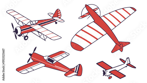 Vintage Red Propeller Airplanes Collection Aviation Icon Set for Travel Web Design or Toy Illustration Projects