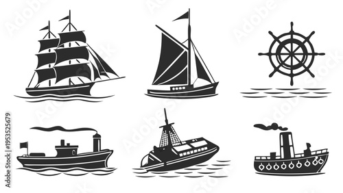 Vintage Nautical Ship Icons Set Sailing Vessel Steamboat Helm for Maritime Travel Web Design or History Projects