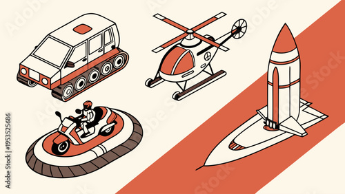 Isometric Vector Set of Diverse Transportation Vehicles for Logistics Planning and Future Travel Web Design Projects