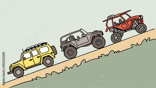 Off Road Adventure Progression Climbing Steep Hill Showing Vehicle Capability for Adventure Travel Brochures and Outdoor Enthusiast Websites