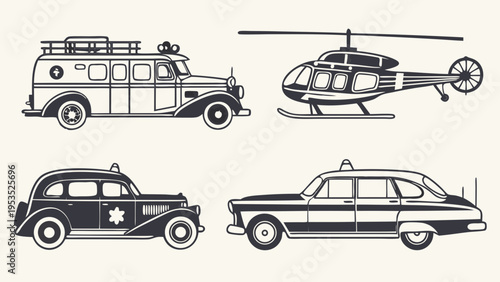 Vintage Emergency Service Vehicles and Helicopter Icons for Transportation Design Projects and Historical Themed Websites