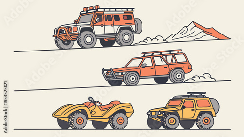 Off Road Adventure Vehicles Collection Driving Through Desert Terrain for Travel Exploration and Extreme Sports Design