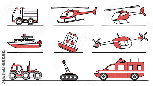 Emergency Rescue Vehicle Icons Set Fire Truck Helicopter Boat Crane for Safety Illustration Design