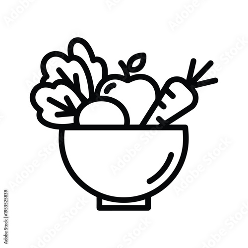 Fresh Vegetables and Fruit in Bowl Icon | Healthy Eating and Diet Symbol