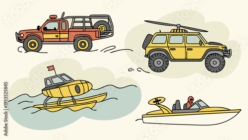 Rescue Team Vehicles Set Fire Truck Jeep Hovercraft Speedboat for Emergency Response and Safety Illustration