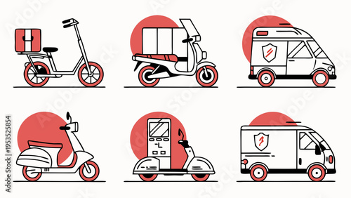 Electric Scooter Delivery Icons for Urban Logistics, Food Courier Service, and Green Transportation Web Design Assets