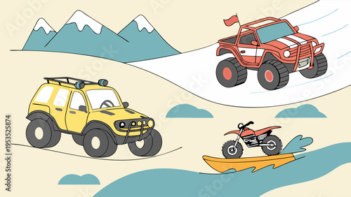 Off Road Adventure Vehicles Driving Through Mountains and Water for Extreme Sports Travel Web Design or Adventure Tourism Promotion