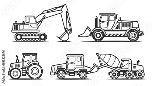 Construction Vehicle Set Excavator Loader Tractor Cement Mixer Icons for Industry Web Design and Building Projects