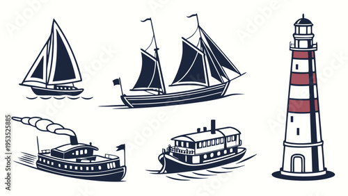Vintage Nautical Vector Set Lighthouse Sailboat Steamboat Icons for Maritime Travel Web Design and Coastal Branding Projects