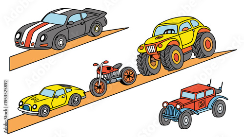 Diverse Vehicles Lined Up on Ramps for Racing Competition or Transportation Challenge Illustration for Automotive Enthusiasts and Web Design Projects