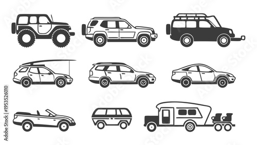 Diverse Vehicle Icons Set SUV Jeep Wagon Convertible Camper Van for Travel and Automotive Web Design Projects