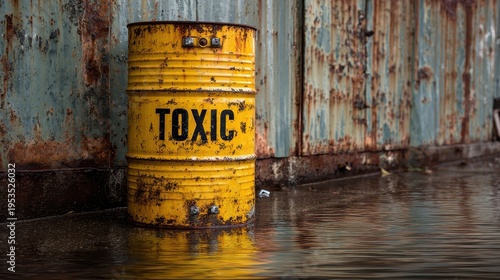 Old rusty yellow toxic waste barrel standing in water