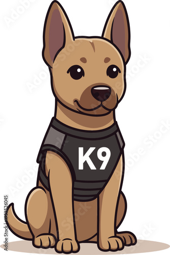 Adorable cartoon K9 police dog sitting obediently, ready for duty with a friendly expression, a charming illustration of a loyal service animal in uniform