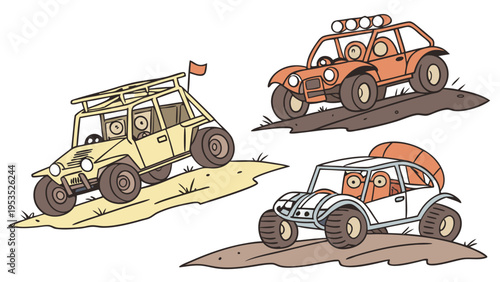 Off Road Dune Buggies Racing Up Sandy Hills Adventure Extreme Sports Vacation Travel Illustration
