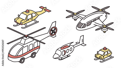 Diverse Helicopter and Multirotor Aircraft Collection for Emergency Rescue and Transportation Web Design Icons