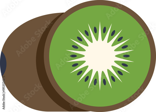 Kiwi whole and half showing green flesh and seeds against white background