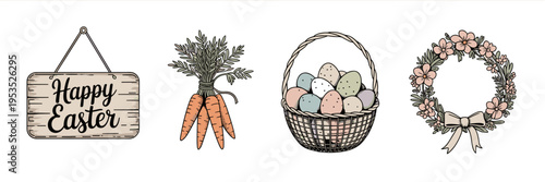 Hand-drawn farmhouse Easter vector collection – Ideal for printable stationery, rustic greeting cards, or small business packaging.