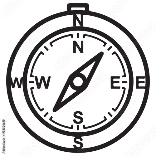 Minimalist Black and White Compass Icon Featuring Cardinal Directions for Navigation and Travel, Isolated on White Background with Clean Line Art Style for Modern Graphic Design Projects.