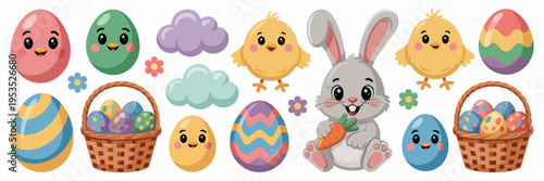 Sweet baby Easter party icons with candy and clouds – Great for baby shower themes, festive nursery art, or kids' craft projects.