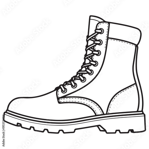 Rugged leather work boot illustration shown in a side profile view with detailed laces and heavy tread sole, isolated on a white background for coloring book or design use, minimalist line art.