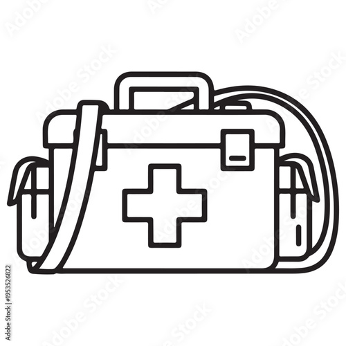 Professional medical first aid kit icon representing emergency response and healthcare preparedness, isolated on white background in a clean black line art style for safety concepts.