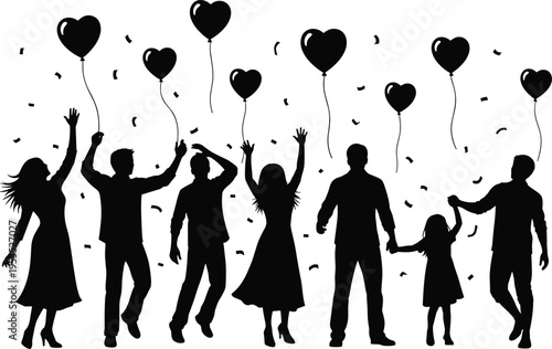 Family and friends silhouette celebrating together, festive party illustration with balloons and confetti, joyful unity concept, happiness celebration artwork design