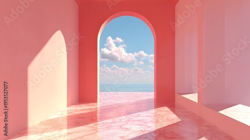 Surreal Pink Archway Opening to a Dreamy Beach Landscape.