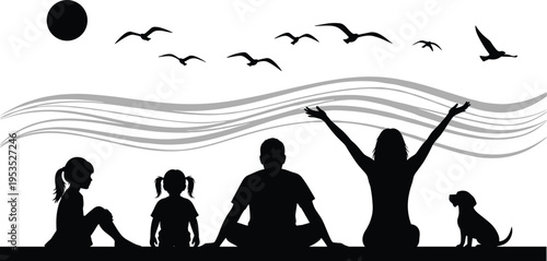 Family silhouette illustration, children, parents, dog, sitting together, nature scene, birds flying, sun circle, peaceful moment, joyful outdoor lifestyle