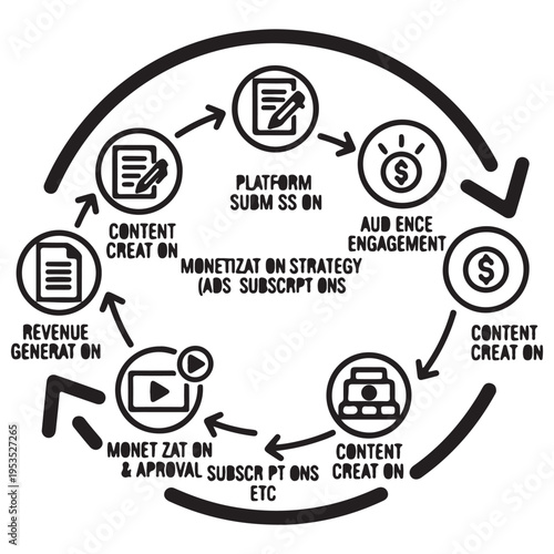 Circular business infographic diagram for content monetization strategy illustrating the lifecycle of digital content from creation to revenue generation in a minimalist hand-drawn style.